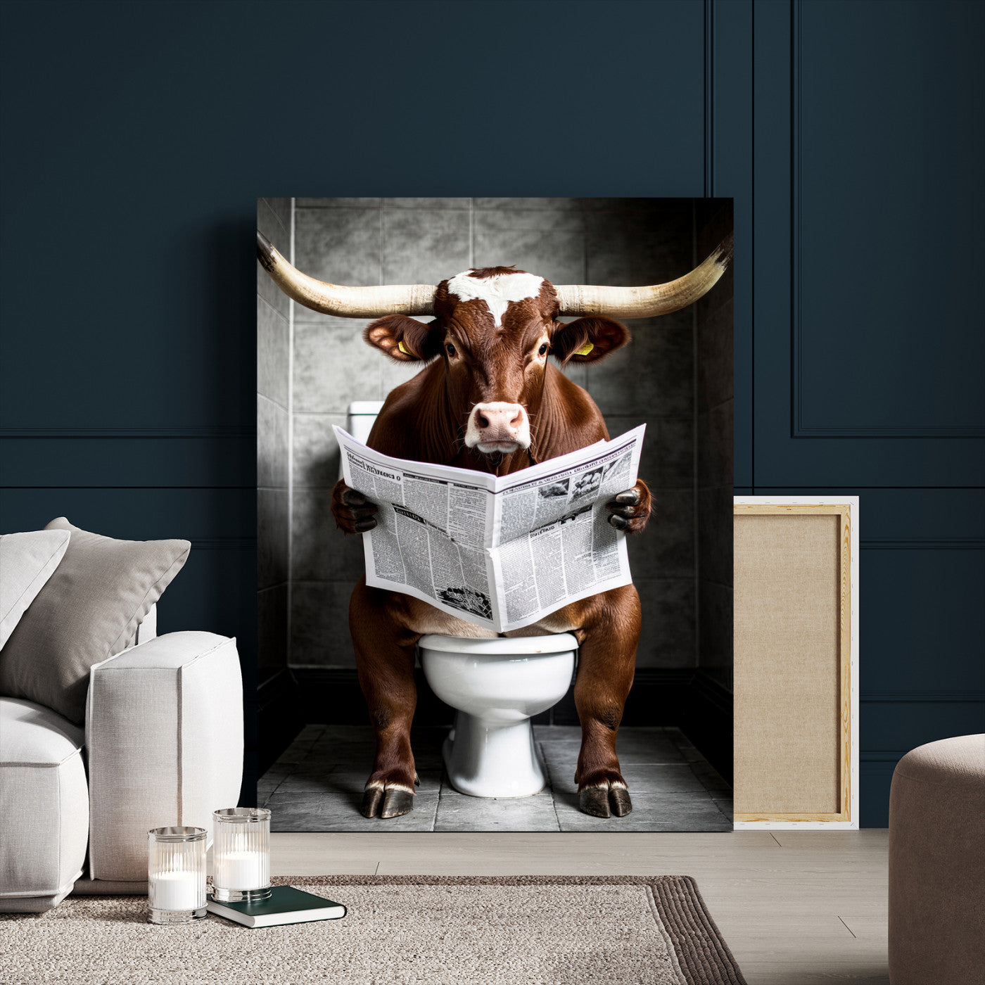 69808726-MGV-CV-24X36 - Texas Longhorn Cow Toilet Paper Canvas Wall Art, Funny Bathroom Black White Print, Cute Animal Humor Decor, Quirky Farmhouse Bathroom Art, Cow Lover Gift