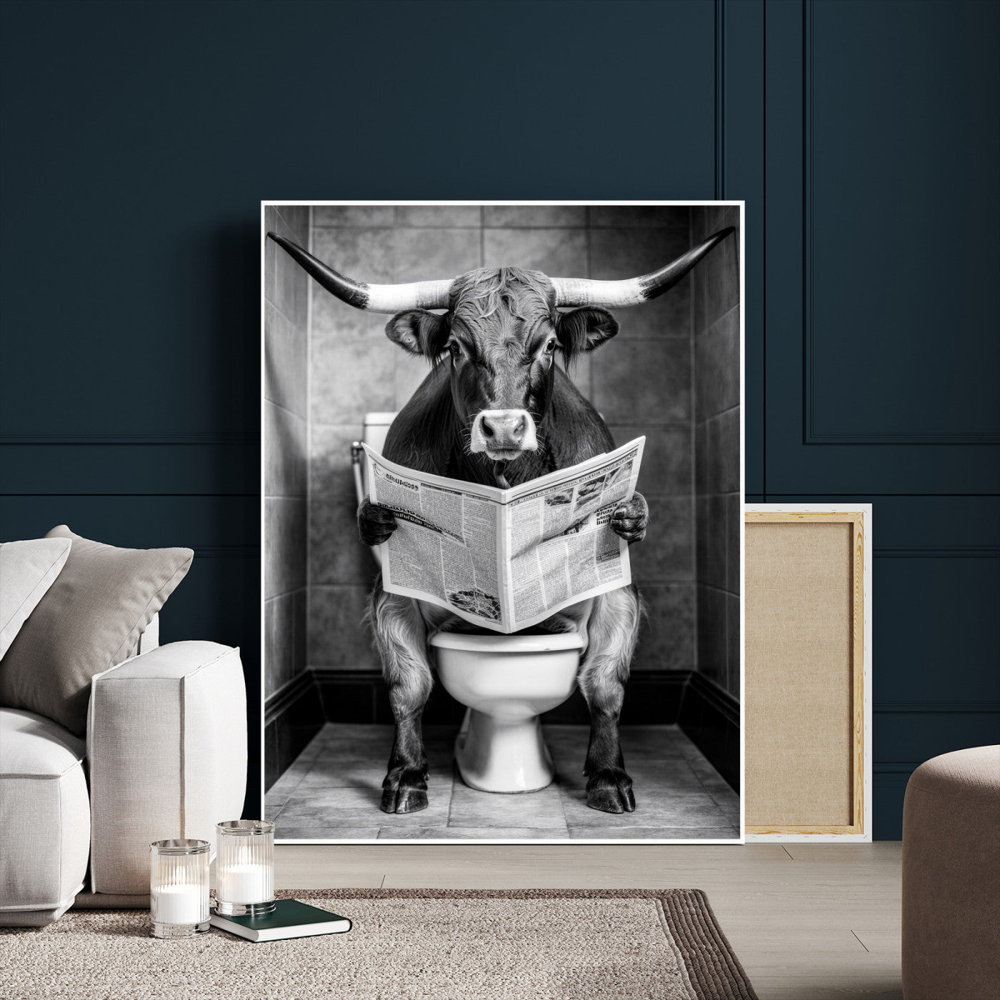 77994492-MGV-CV-24X36 - Texas Longhorn Cow Toilet Paper Canvas Wall Art, Funny Bathroom Black White Print, Cute Animal Humor Decor, Quirky Farmhouse Bathroom Art, Cow Lover Gift