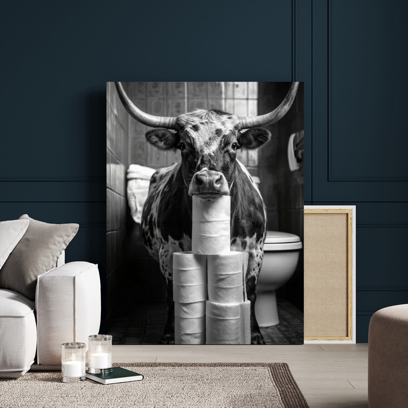 79259956-MGV-CV-24X36 - Texas Longhorn Cow Toilet Paper Canvas Wall Art, Funny Bathroom Black White Print, Cute Animal Humor Decor, Quirky Farmhouse Bathroom Art, Cow Lover Gift