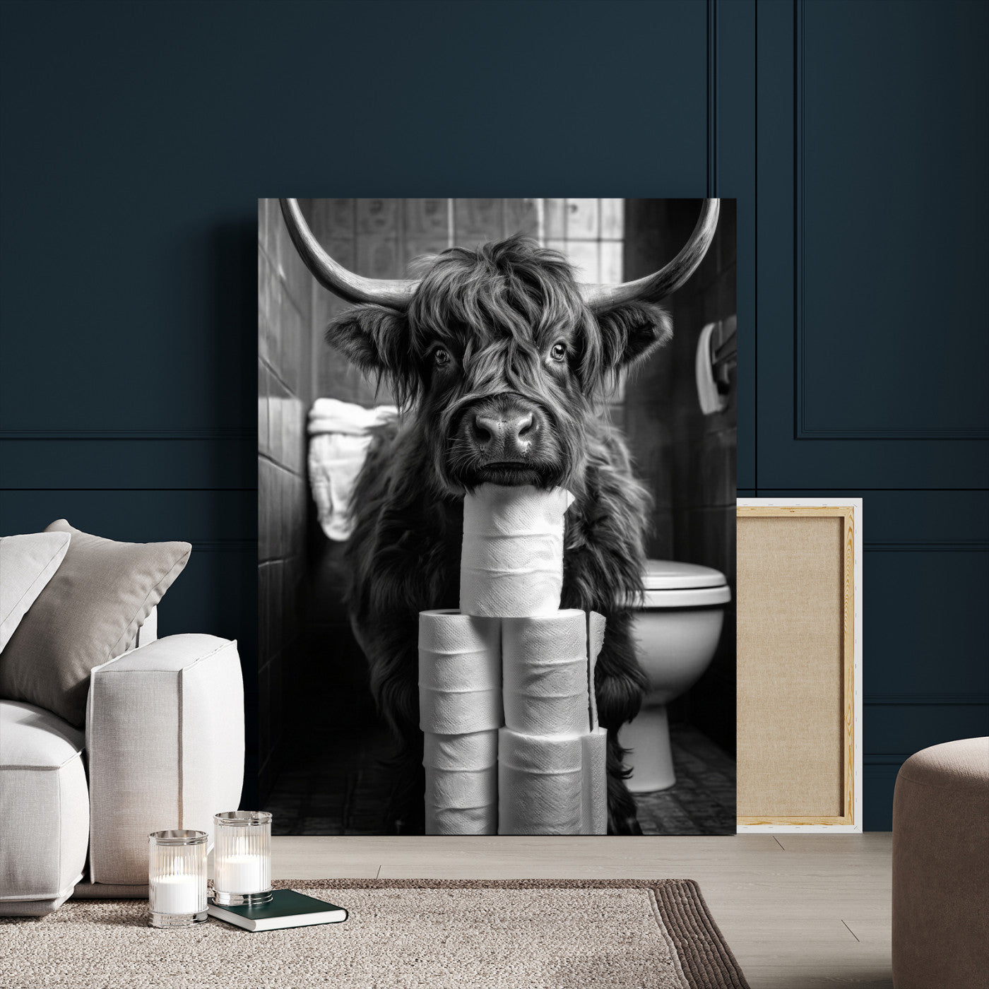 95909209-MGV-CV-24X36 - Highland Cow Toilet Paper Canvas Wall Art, Funny Bathroom Black White Print, Cute Animal Humor Decor, Quirky Farmhouse Bathroom Art, Cow Lover Gift