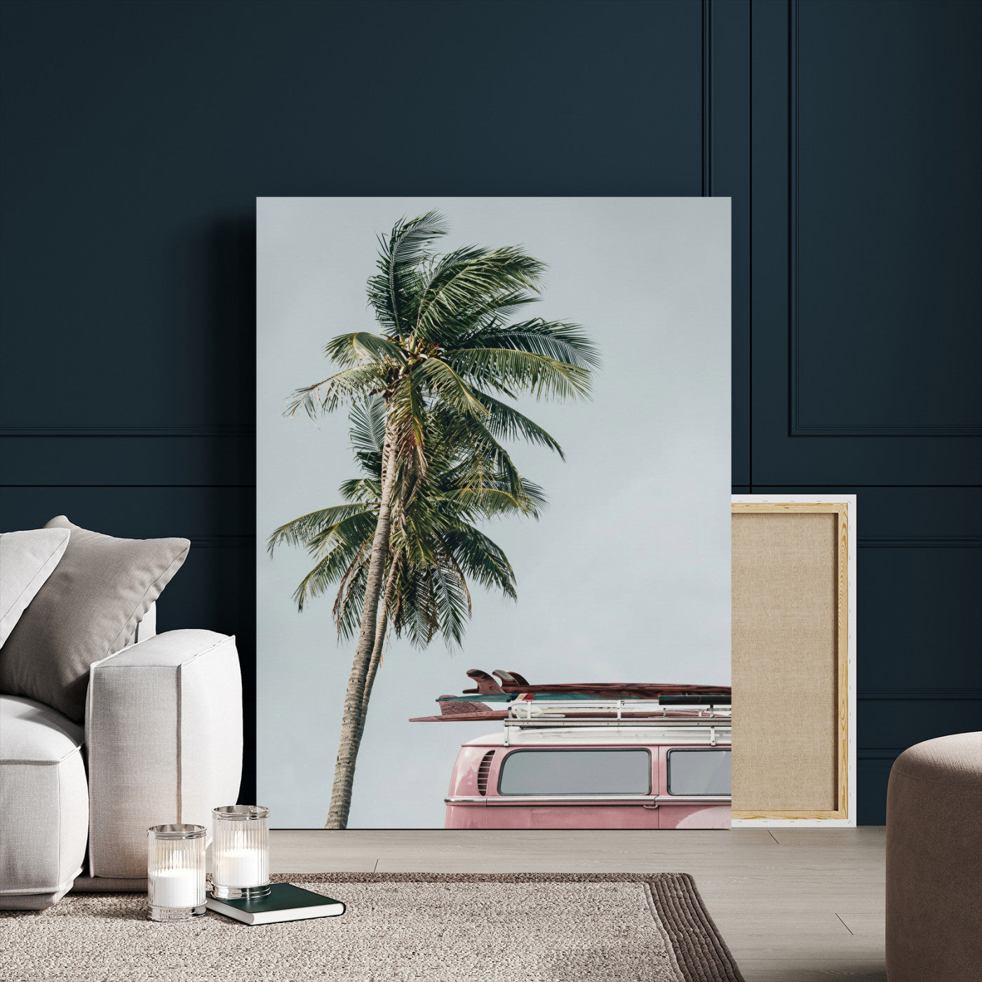 73117797-MGV-CV-24X36 - VW Van Palm Tree Canvas Wall Art, Pink Camper Surfboards Beach Print, Retro Surf Photography Decor, Coastal Boho Wall Art, Surfer Gift Idea