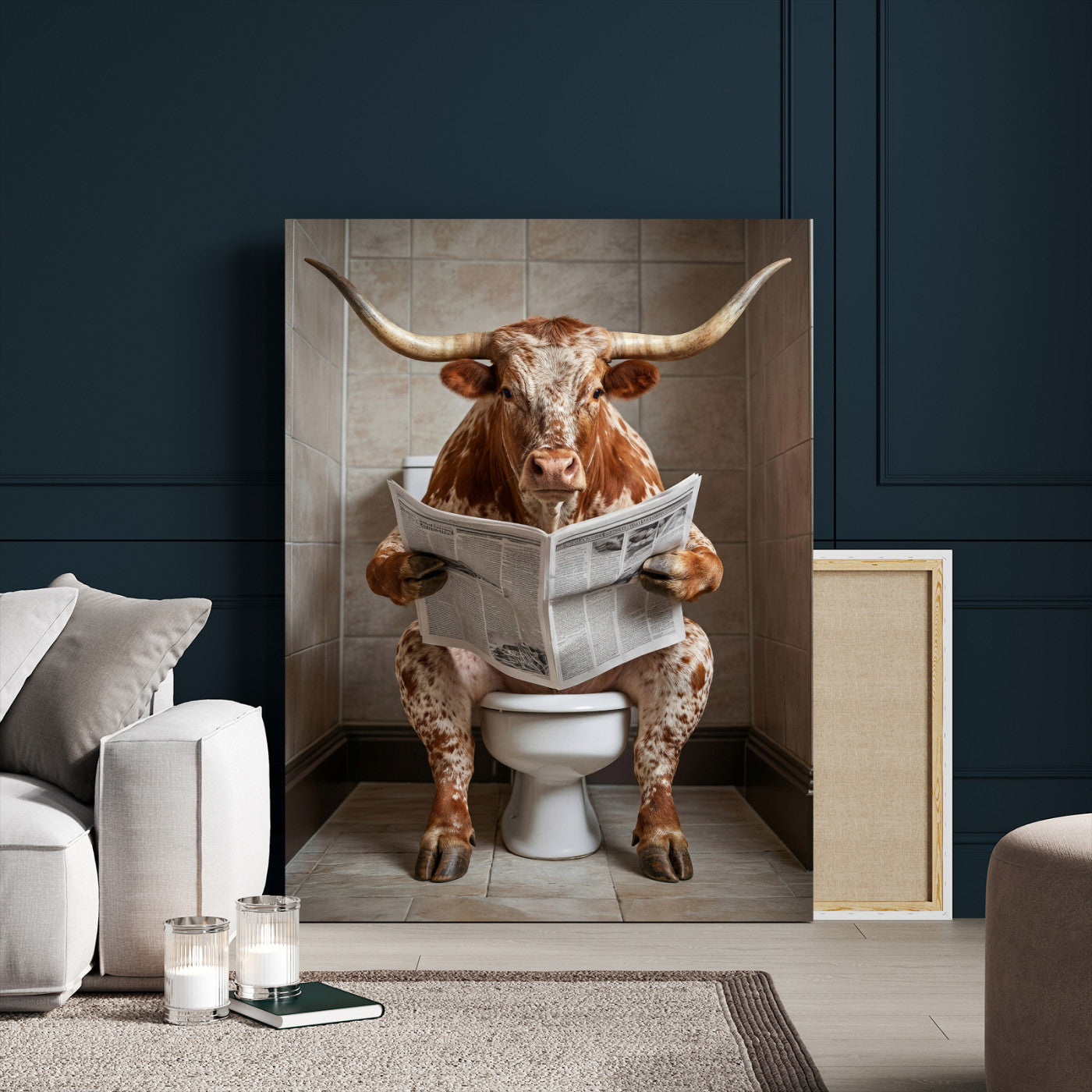 17728527-MGV-CV-24X36 - Funny Bathroom Canvas Wall Art, Texas Longhorn on Toilet Reading Newspaper, Humor Animal Print, Farmhouse Bathroom Decor, Quirky Cow Gift, Toilet Room Art