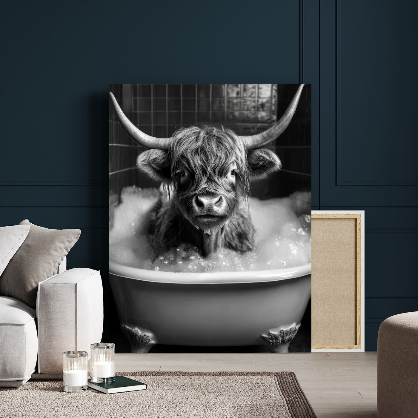 44020264-MGV-CV-24X36 - Highland Cow Bathtub Canvas Wall Art, Funny Bathroom Print Black White, Grumpy Cow Bubble Bath Decor, Animal Bathroom Art, Farmhouse Humor Print, Cute Cow Gift
