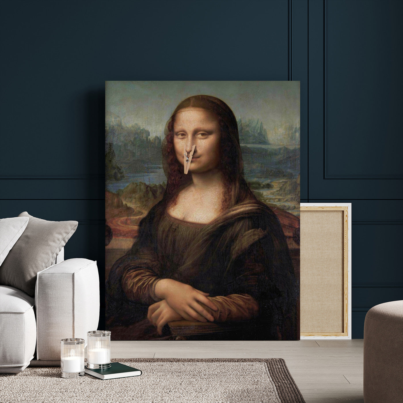 59125950-MGV-CV-24X36 - Funny Bathroom Canvas Wall Art Print, Mona Lisa Clothespin Nose Humor Decor, Classic Art Parody, Toilet Room Wall Art, Quirky Housewarming Gift, Eclectic Home Decor