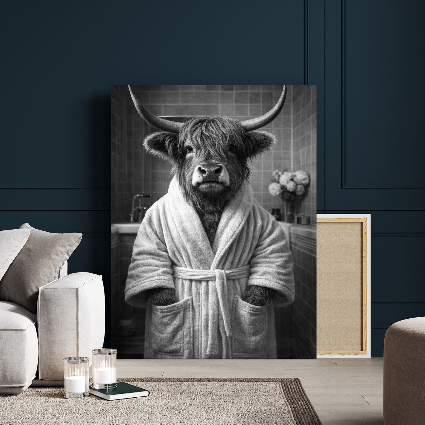 98453723-MGV-CV-24X36 - Funny Bathroom Wall Art Canvas Print, Highland Cow in Bathrobe, Black and White Humor Decor, Animal Bathroom Print, Farmhouse Bathroom Art
