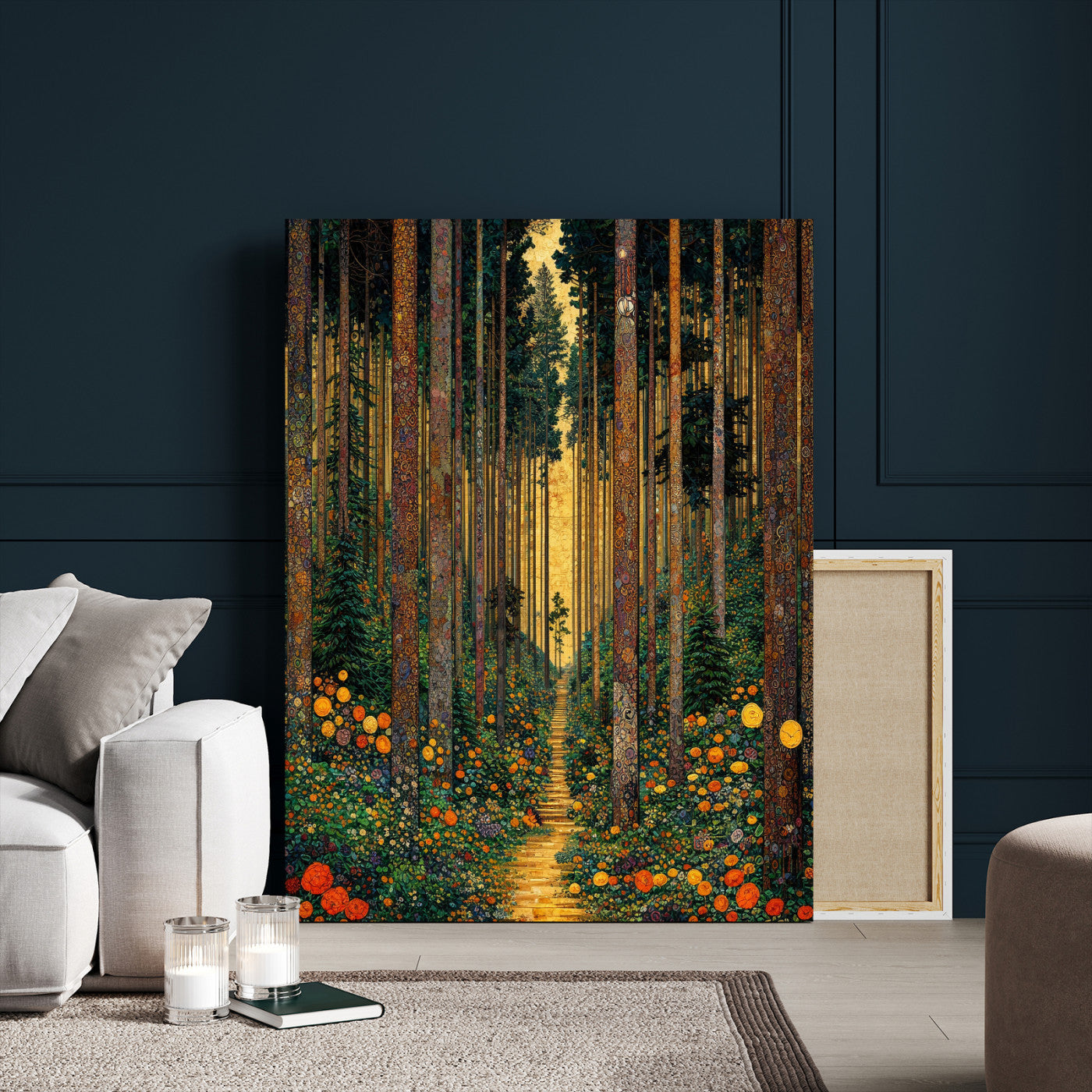 14391546-MGV-CV-24X36 - Gustav Klimt Style Forest Canvas Wall Art, Golden Forest Path Floral Art Nouveau Print, Enchanted Woodland Decor, Maximalist Colorful Nature Art