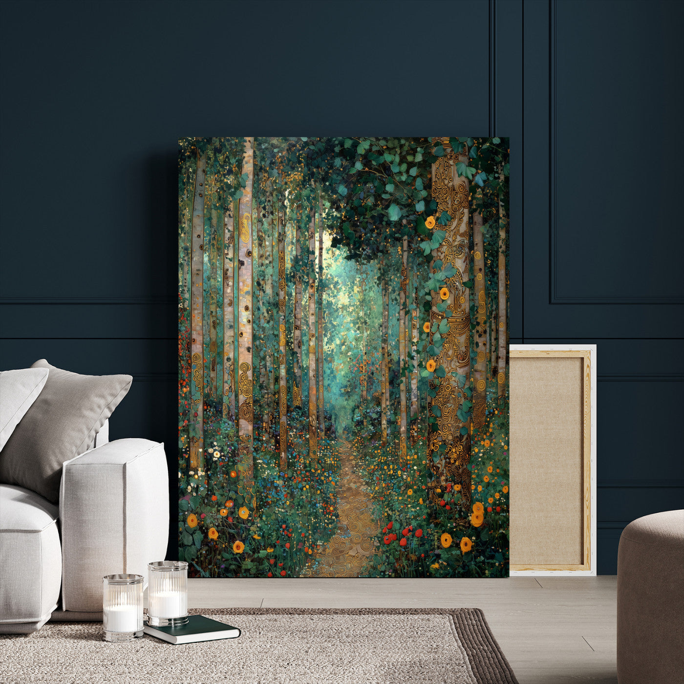 76587981-MGV-CV-24X36 - Gustav Klimt Style Forest Canvas Wall Art, Golden Forest Path Floral Art Nouveau Print, Enchanted Woodland Decor, Maximalist Colorful Nature Art