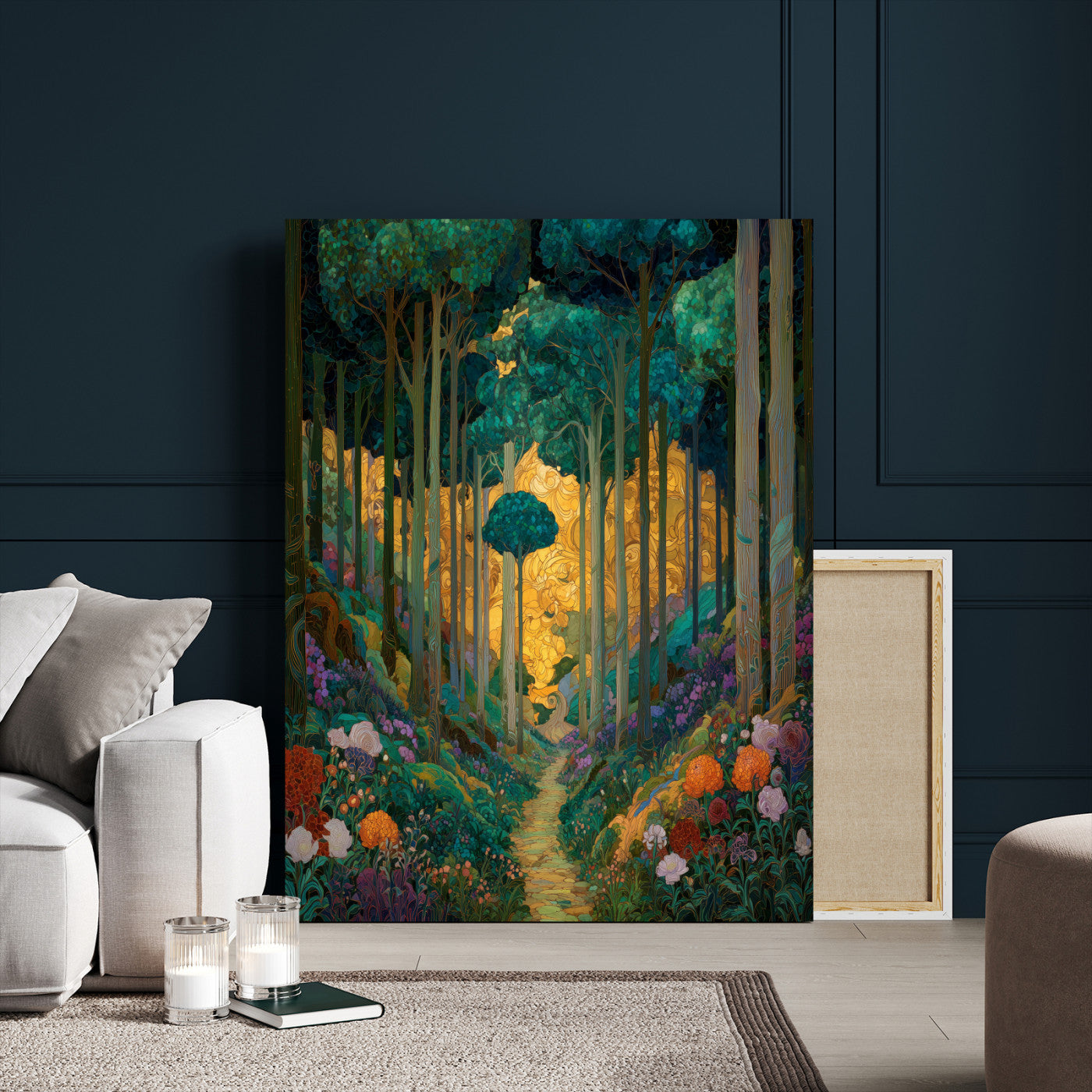 70159913-MGV-CV-24X36 - Gustav Klimt Style Forest Canvas Wall Art, Golden Forest Path Floral Art Nouveau Print, Enchanted Woodland Decor, Maximalist Colorful Nature Art