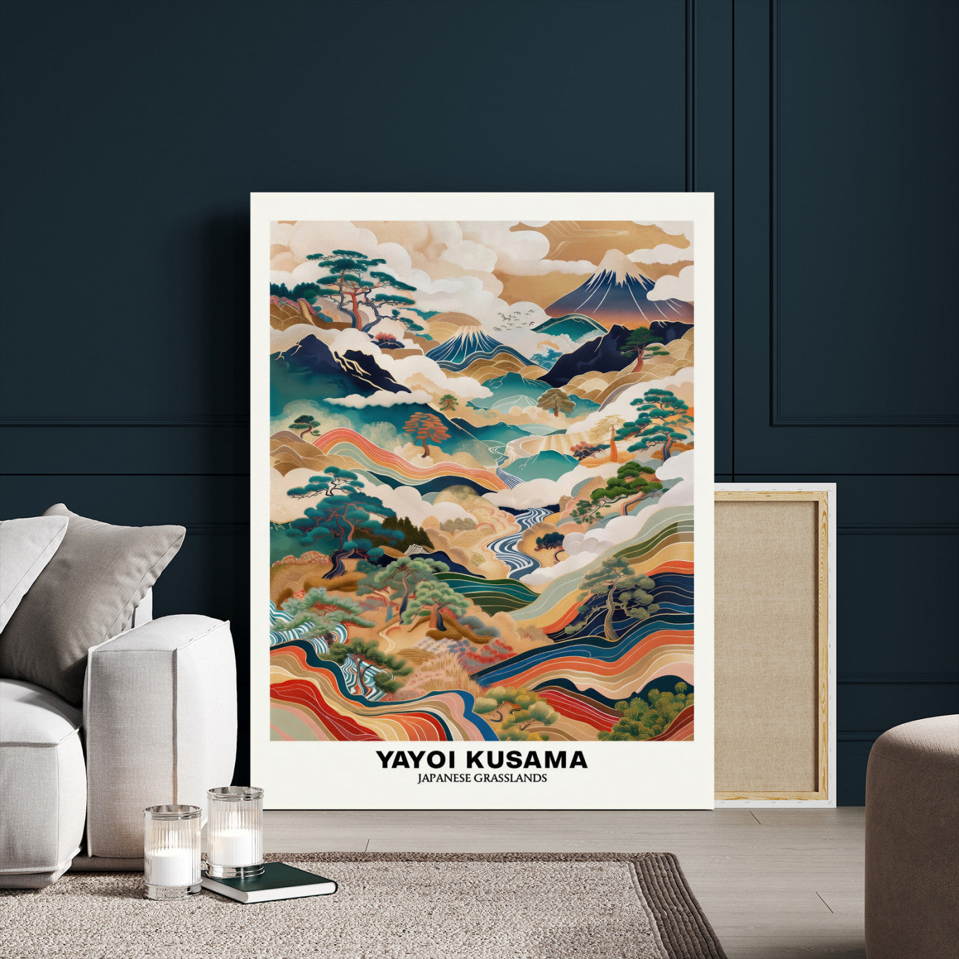 71553303-MGV-CV-24X36 - Yayoi Kusama Japanese Landscape Wall Art Canvas Print, Colorful Mountain and River Framed Artwork, Nature Inspired Asian Scenic Decor for Living Room Bedroom Office