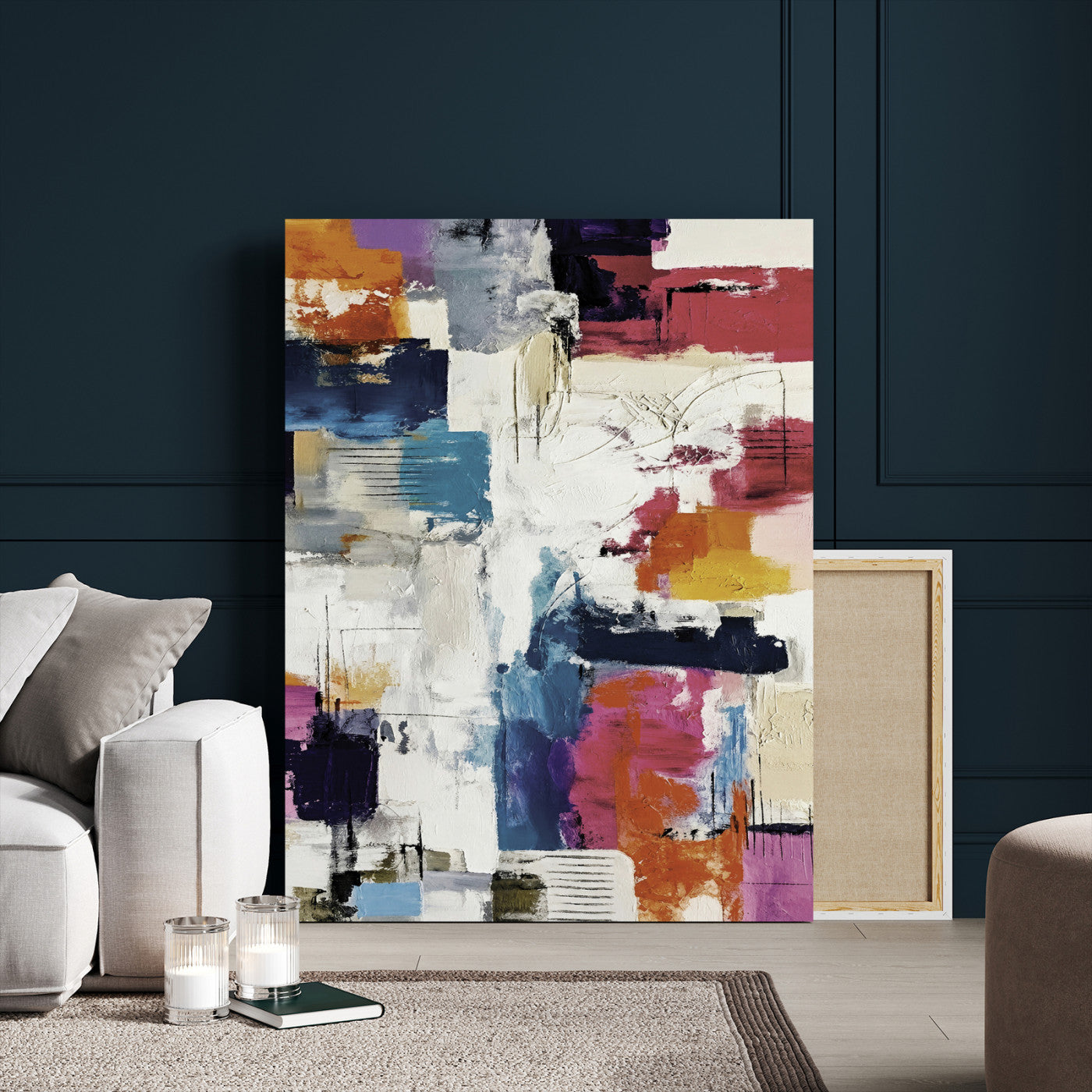 83175929-MGV-CV-24X36 - Blue Teal Abstract Canvas Wall Art, Modern Textured Painting Print, Navy Orange White Contemporary Art, Neutral Living Room Decor, Office Art
