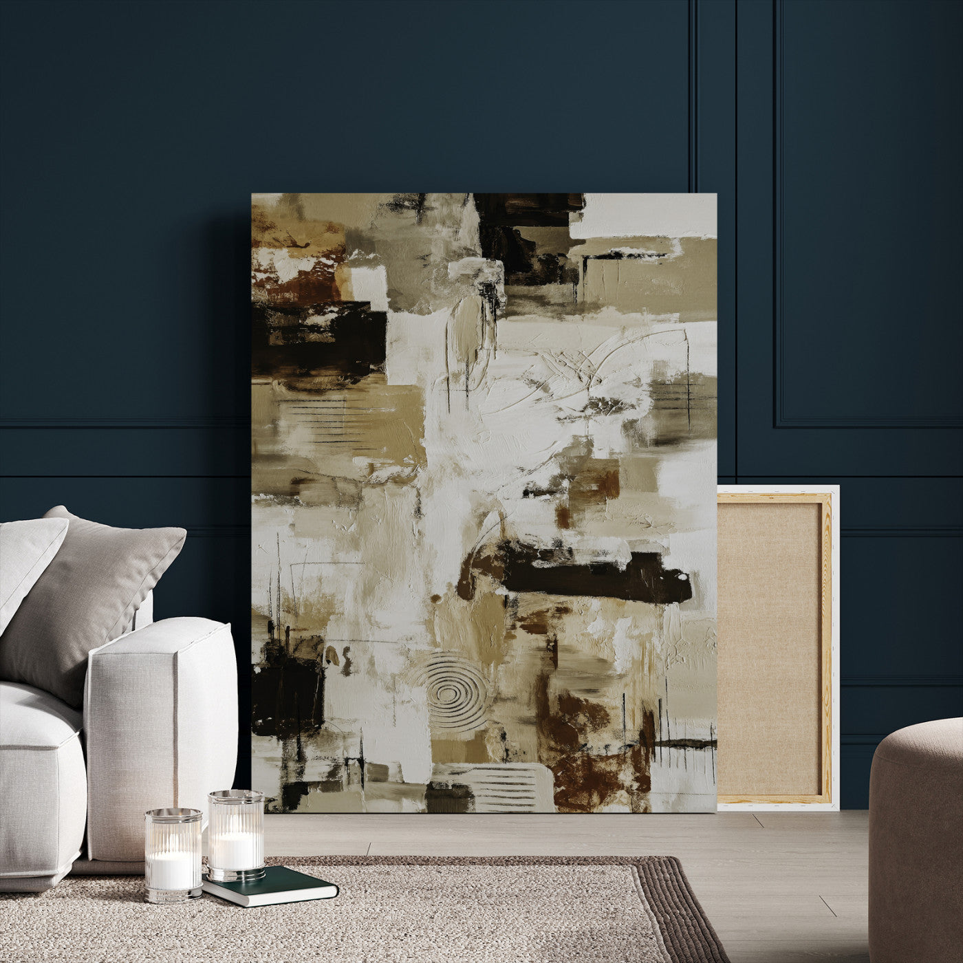 90644187-MGV-CV-24X36 - Blue Teal Abstract Canvas Wall Art, Modern Textured Painting Print, Navy Orange White Contemporary Art, Neutral Living Room Decor, Office Art