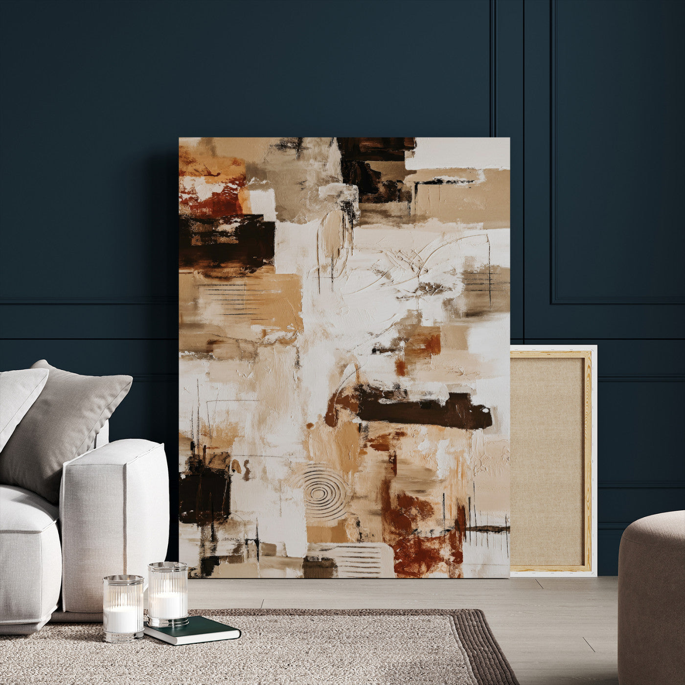 90644187-MGV-CV-24X36 - Blue Teal Abstract Canvas Wall Art | Modern Textured Painting Print, Navy Orange White Contemporary Art - Neutral Living Room Decor, Office Art
