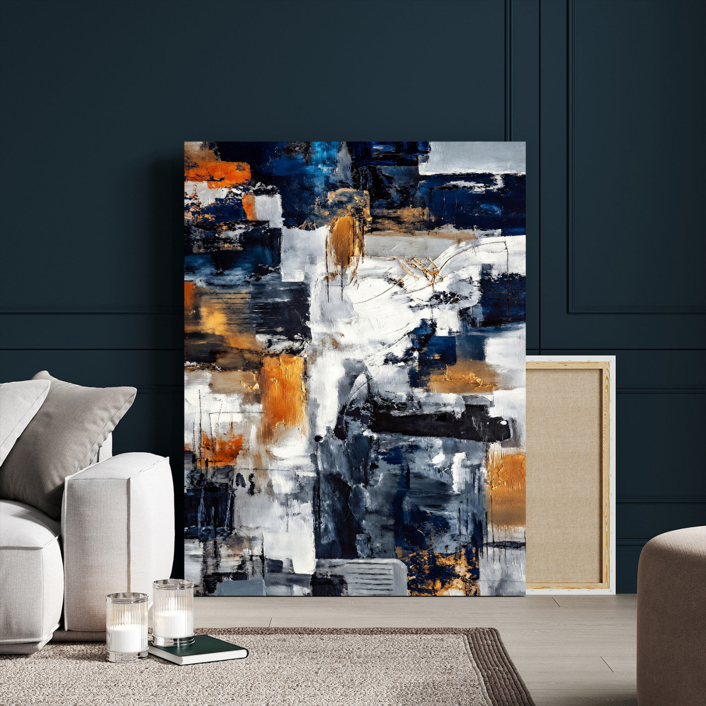 85264820-MGV-CV-24X36 - Blue Teal Abstract Canvas Wall Art, Modern Textured Painting Print, Navy Orange White Contemporary Art, Neutral Living Room Decor, Office Art