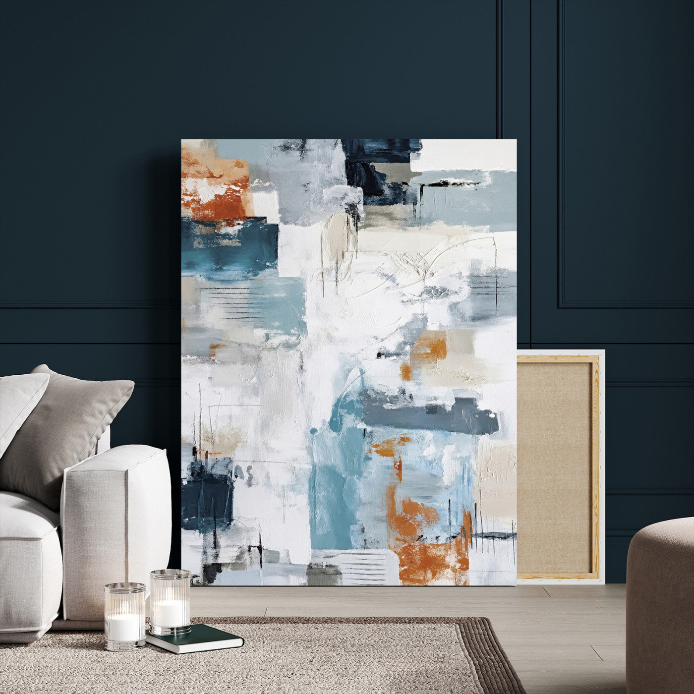 47011485-MGV-CV-24X36 - Blue Teal Abstract Canvas Wall Art, Modern Textured Painting Print, Navy Orange White Contemporary Art, Neutral Living Room Decor, Office Art