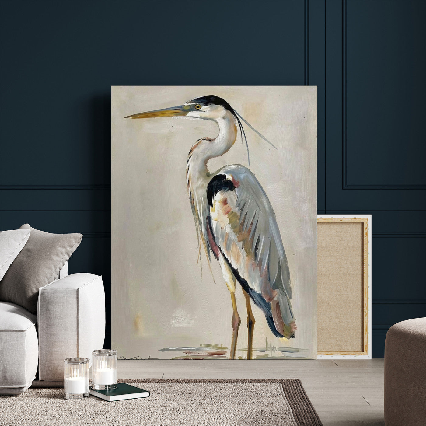 66936694-MGV-CV-24X36 - Great Blue Heron Canvas Wall Art Coastal Bird Oil Painting Print