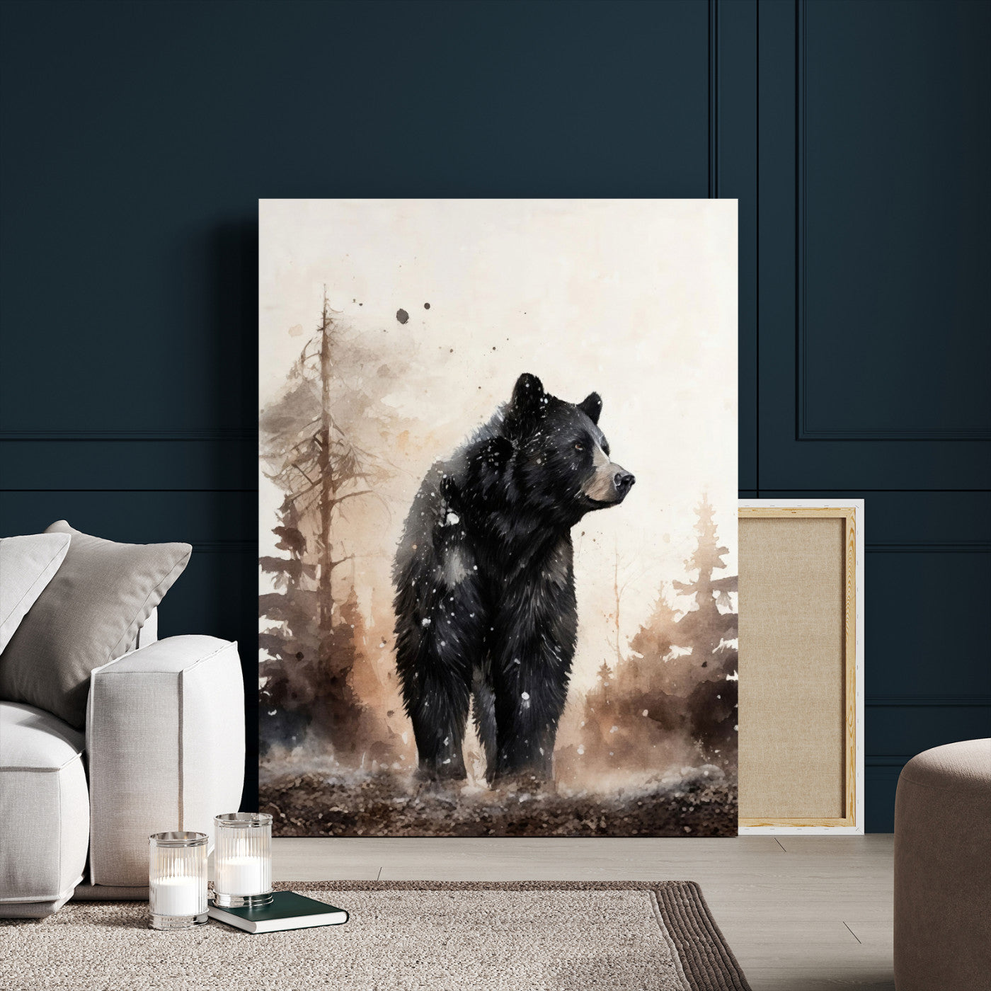 17399305-MGV-CV-24X36 - Black Bear Canvas Wall Art Winter Forest Watercolor Painting Print