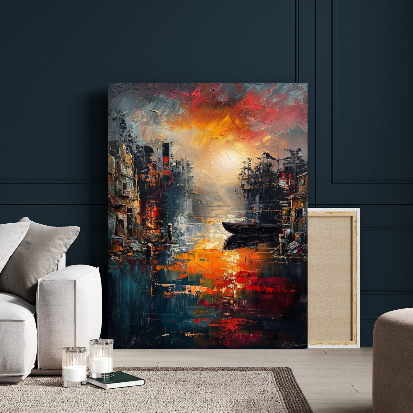 16611381-MGV-CV-24X36 - Vibrant Sunset Harbor Canvas Wall Art Abstract Cityscape Oil Painting Print