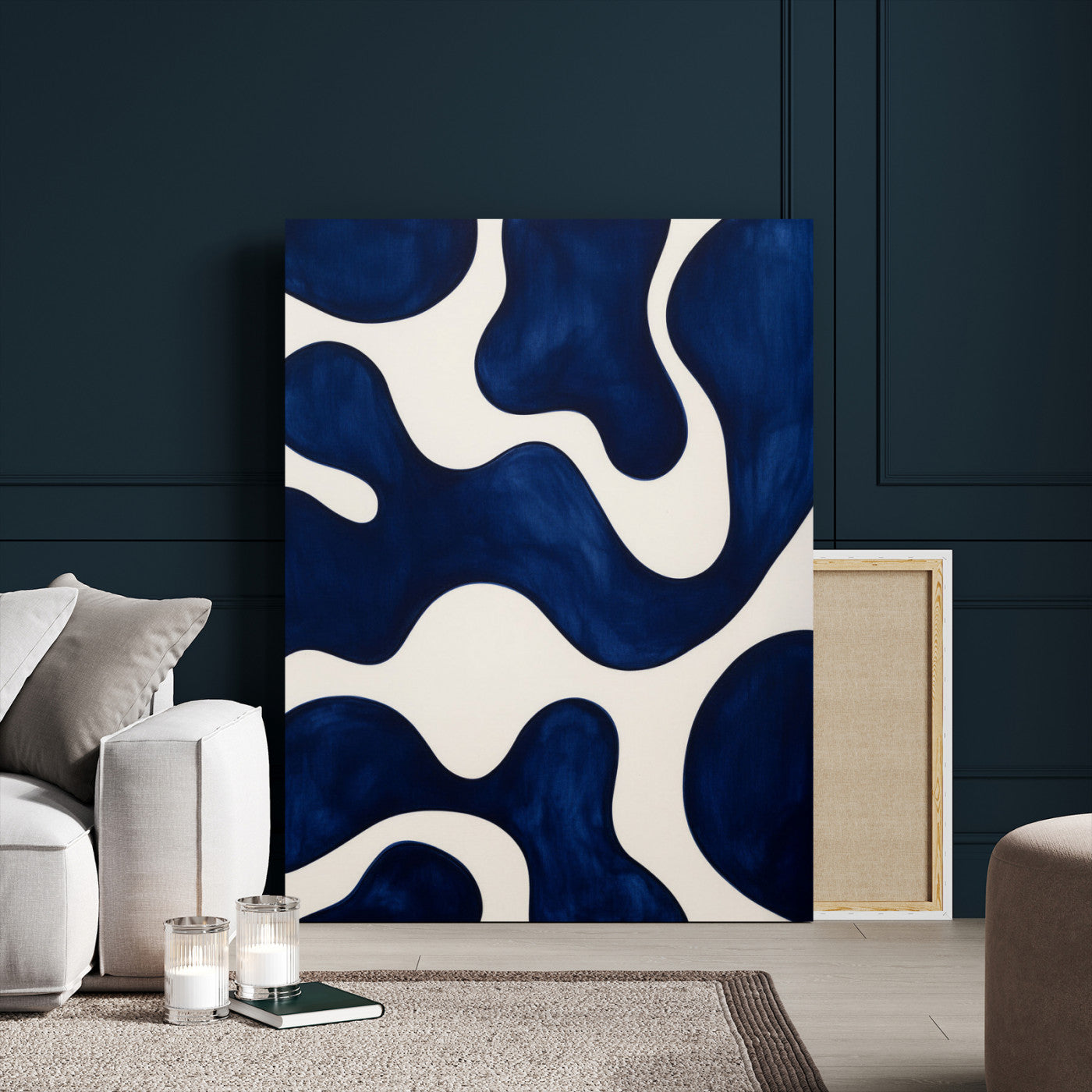 37225955-MGV-CV-24X36 - Minimalist Navy Blue Abstract Canvas Wall Art Organic Shapes Painting Print