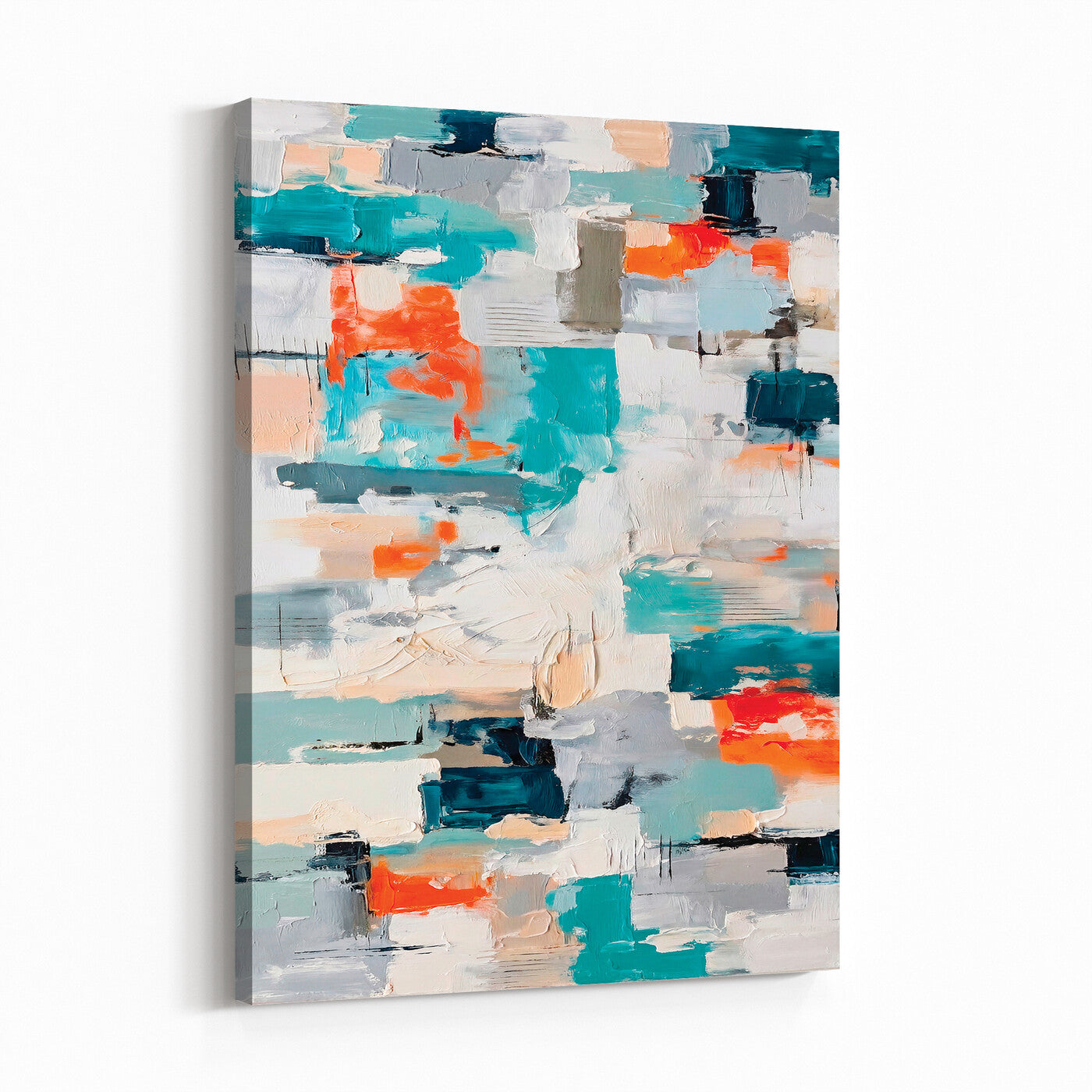 74742966-MGV-CV-24X36 - Blue Teal Abstract Canvas Wall Art - Modern Textured Painting Print, Navy Orange White Contemporary Art, Neutral Living Room Decor, Office Art