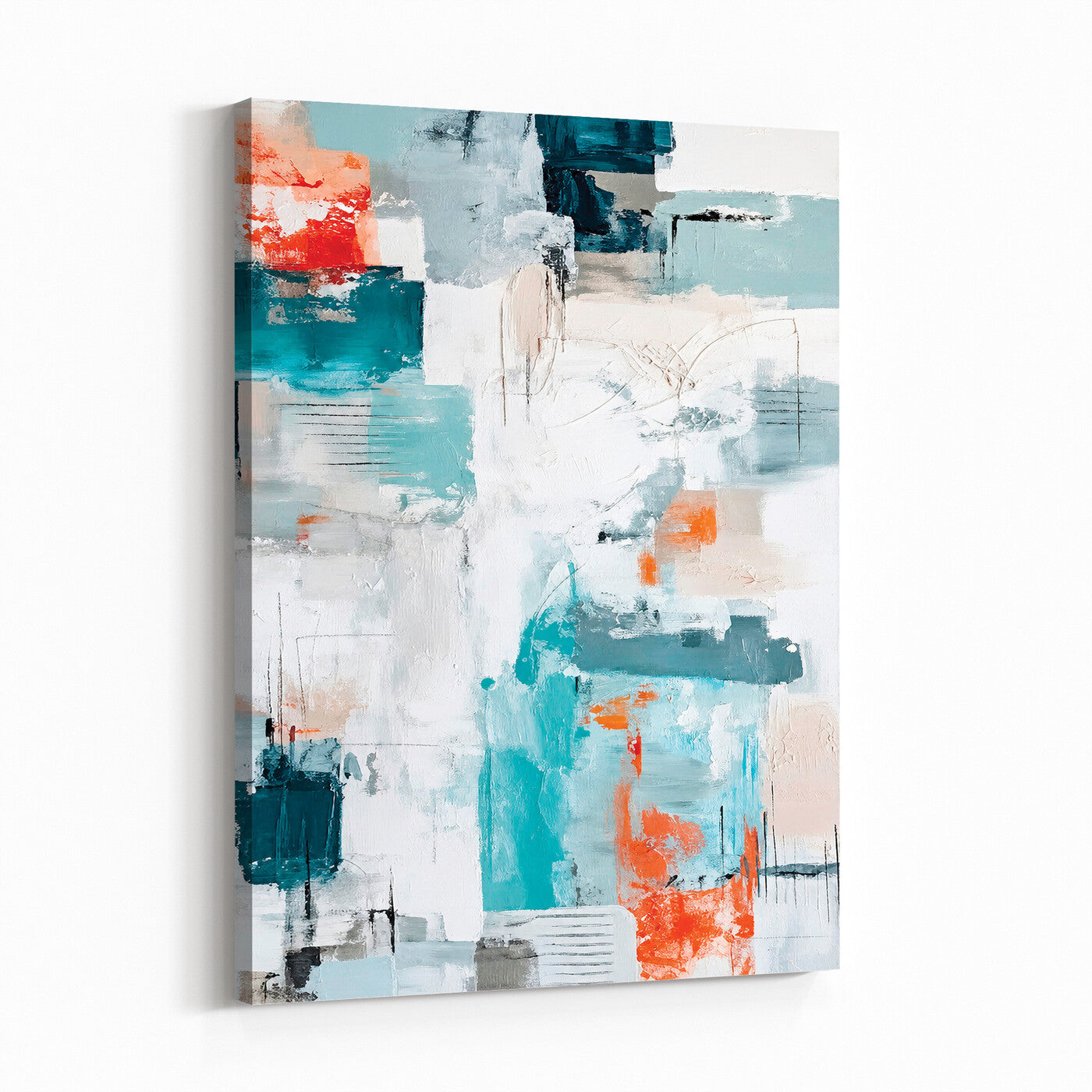 47011485-MGV-CV-24X36 - Blue Teal Abstract Canvas Wall Art, Modern Textured Painting Print, Navy Orange White Contemporary Art, Neutral Living Room Decor, Office Art