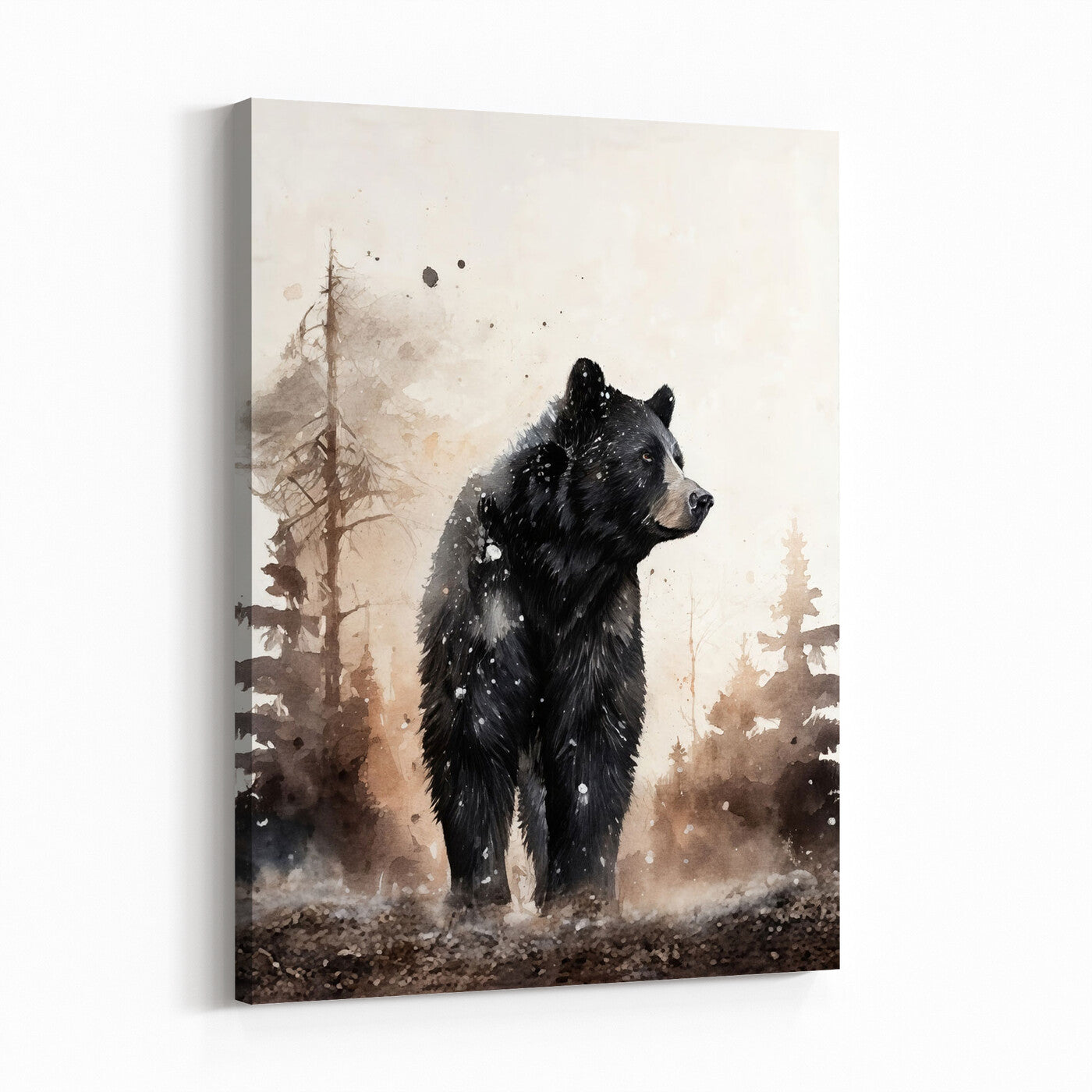17399305-MGV-CV-24X36 - Black Bear Canvas Wall Art Winter Forest Watercolor Painting Print
