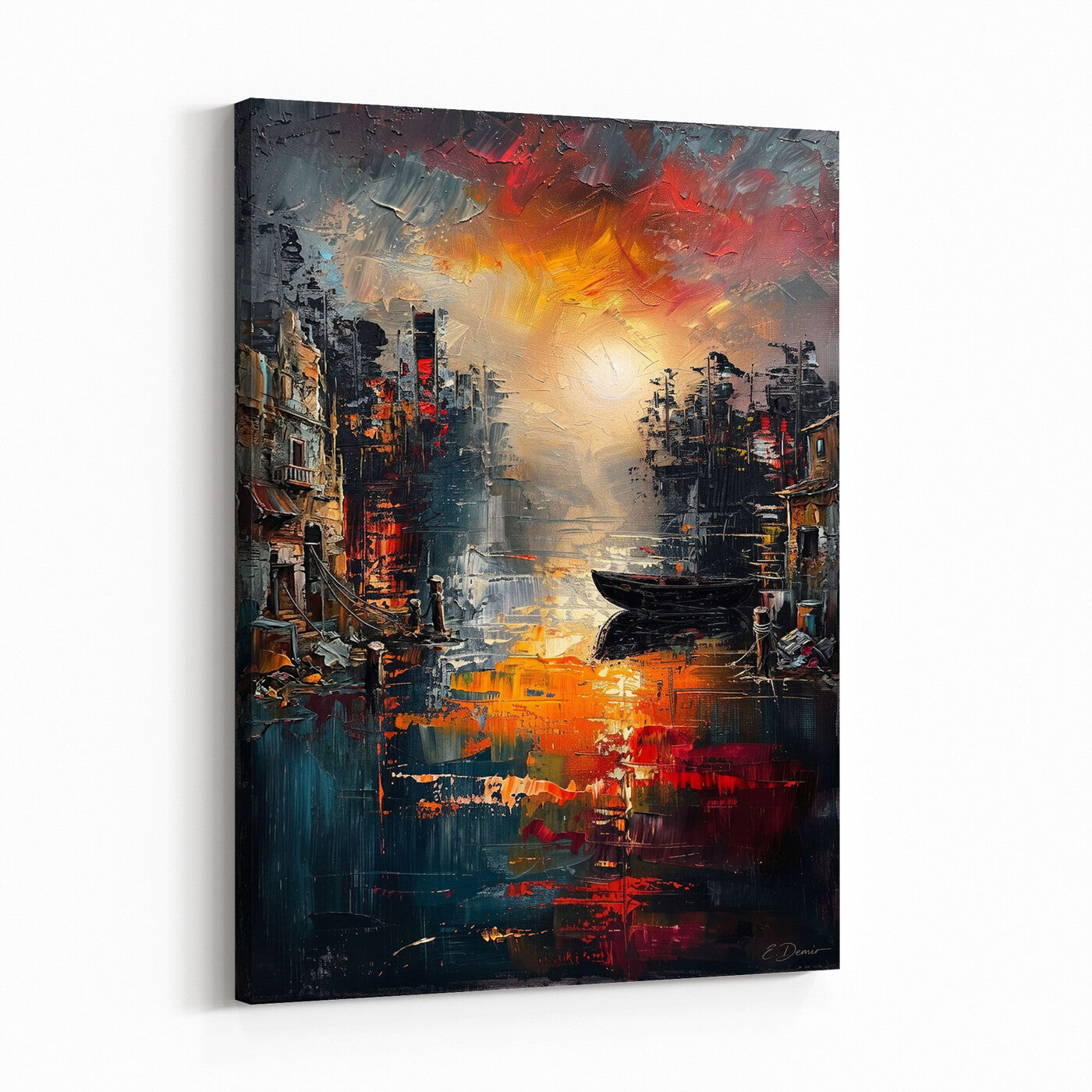 16611381-MGV-CV-24X36 - Vibrant Sunset Harbor Canvas Wall Art Abstract Cityscape Oil Painting Print