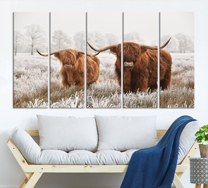 Highland Cows in Winter Canvas Wall Art – Rustic Farmhouse Triptych – Animal Photography Print for Living Room or Office – Ready to Hang