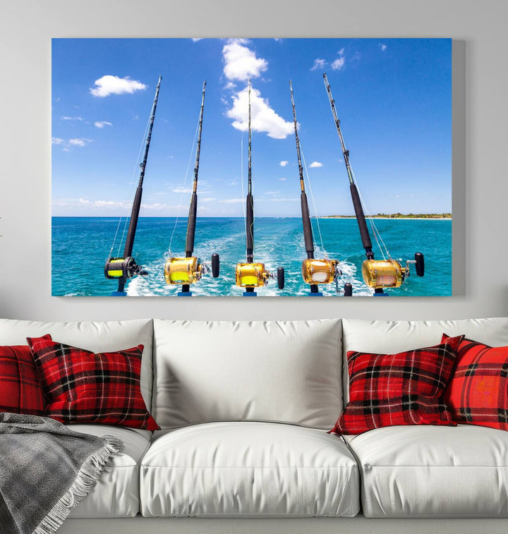 Fishing Roads on Boat Canvas Wall Art Print Ocean Seascape Art Print