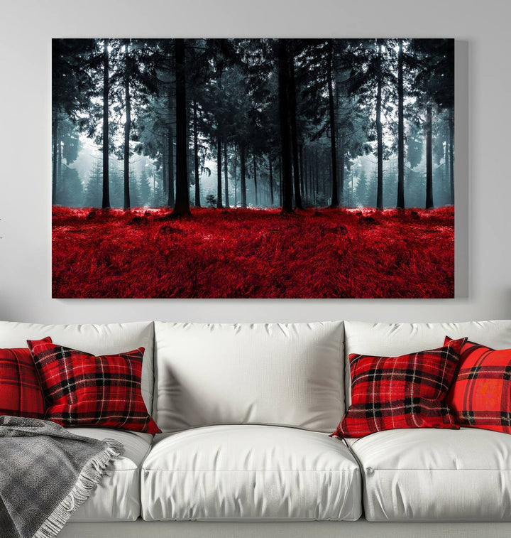 Bosque seductor con hojas rojas Impresión en lienzo Arte de pared grande Arte de lienzo de bosque Arte de paisaje de otoño Impresión de arte enmarcada