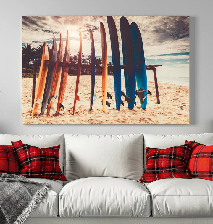 Tablas de surf coloridas y lienzo al atardecer Impresión de arte de pared Lienzo extra grande Arte deportivo inspirador Arte de lienzo de playa Arte de pared de múltiples paneles