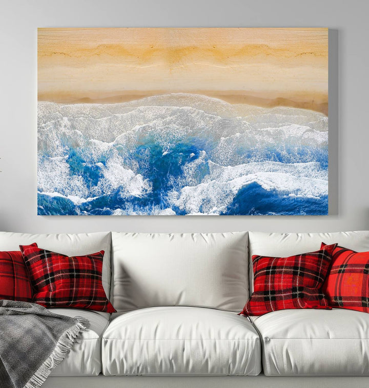 Maravilloso lienzo de playa aérea, impresión artística de pared, paisaje de playa, arte oceánico, pintura abstracta grande, lienzo original enmarcado listo para colgar obras de arte para sala de estar, cocina, dormitorio, decoración del hogar