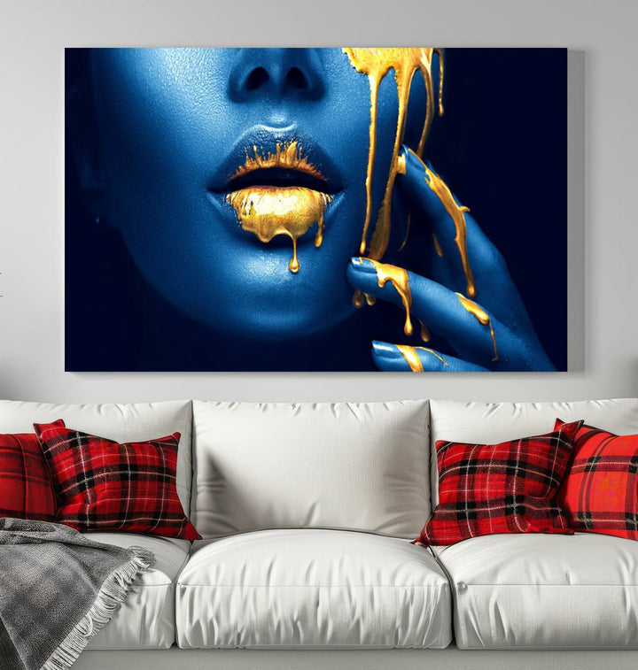 Neón Azul Oro Labios Sensual Fotografía Lienzo Pared Arte Impresión Moda Arte Belleza