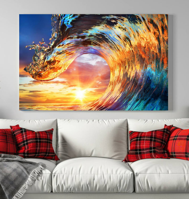 Wave Canvas Wall Art – Multi-Panel Sunset Ocean Scene – Bold and Vibrant Decor for Living Room or Office – Ready to Hang