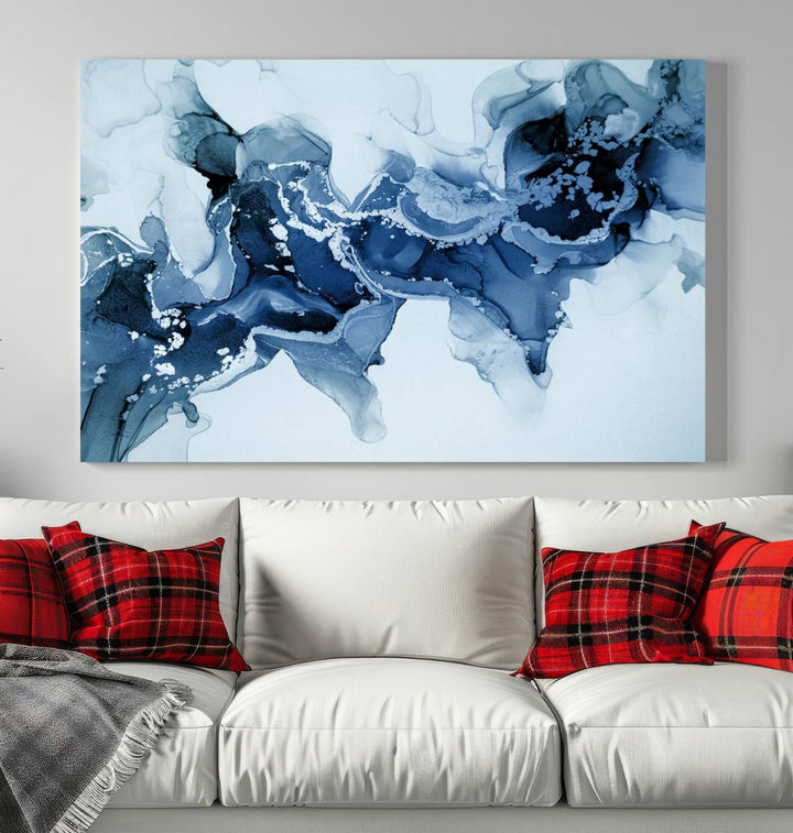 Arte de pared grande con efecto fluido de mármol azul hielo, lienzo abstracto moderno, impresión artística de pared