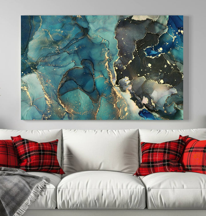 Green and Gold Marble Fluid Effect Wall Art Abstract Canvas Wall Art Print