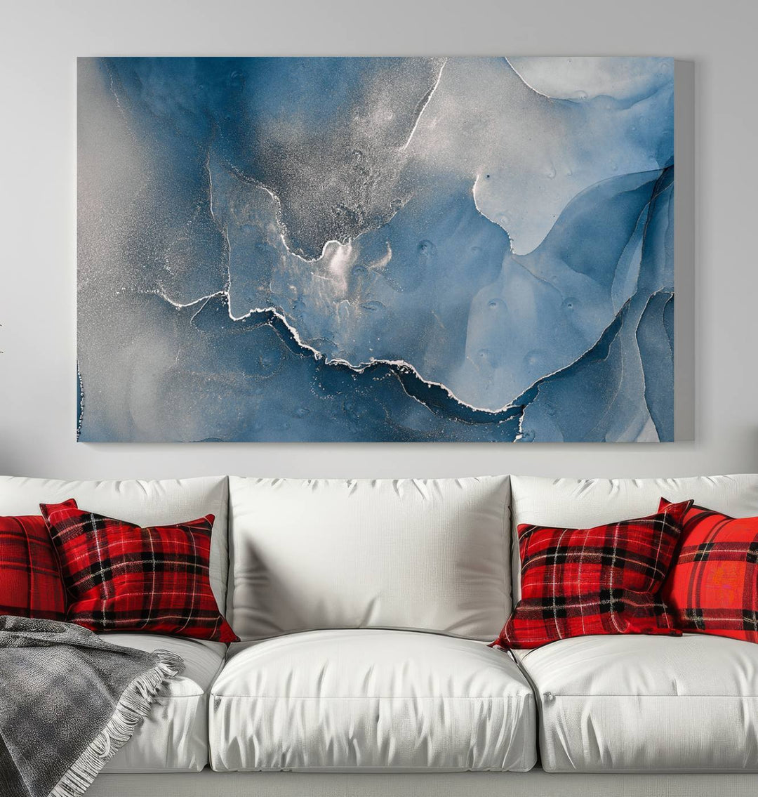 Blue Gray Marble Fluid Effect Wall Art Abstract Canvas Wall Art Print