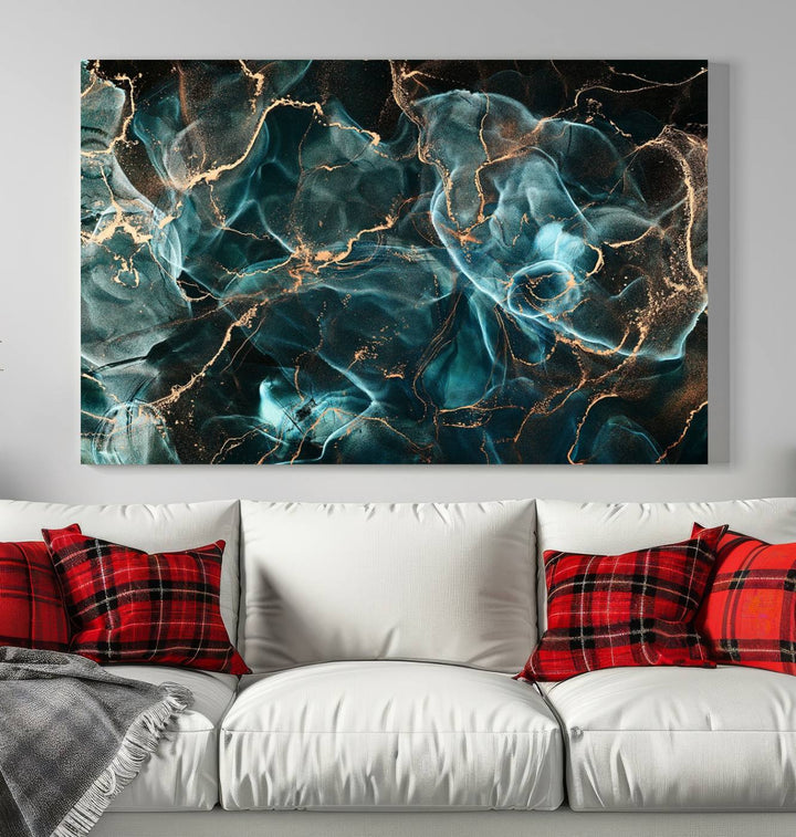 Neon Blue Marble Smokey Effect Wall Art Abstract Canvas Wall Art Print