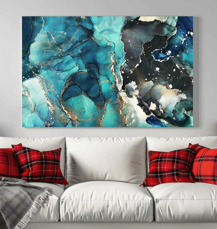 Stylish Teal Color Gold Abstract Canvas Wall Art Print