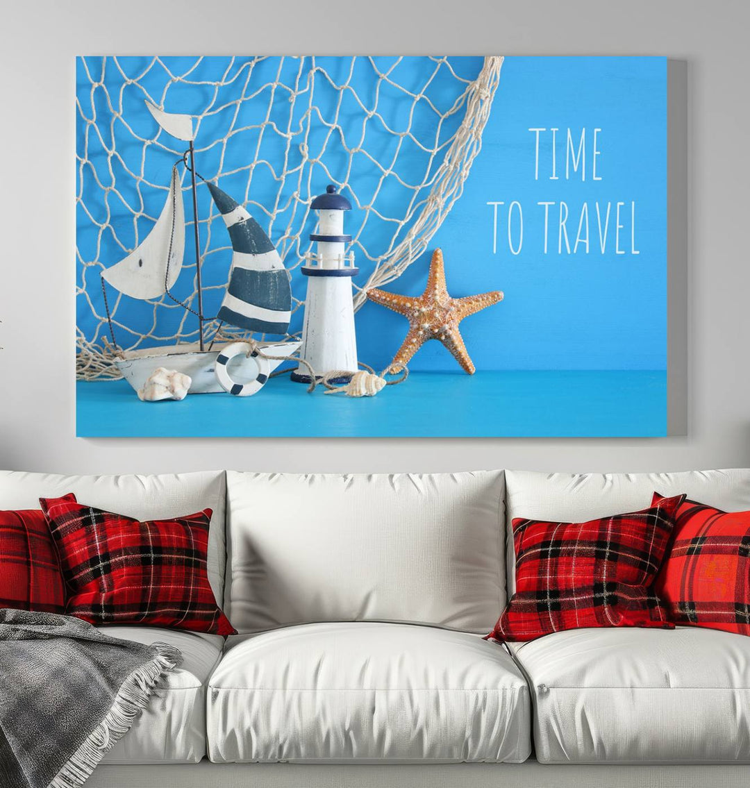 Sailing Boat Starfish and Lighthouse Wall Art Canvas Print