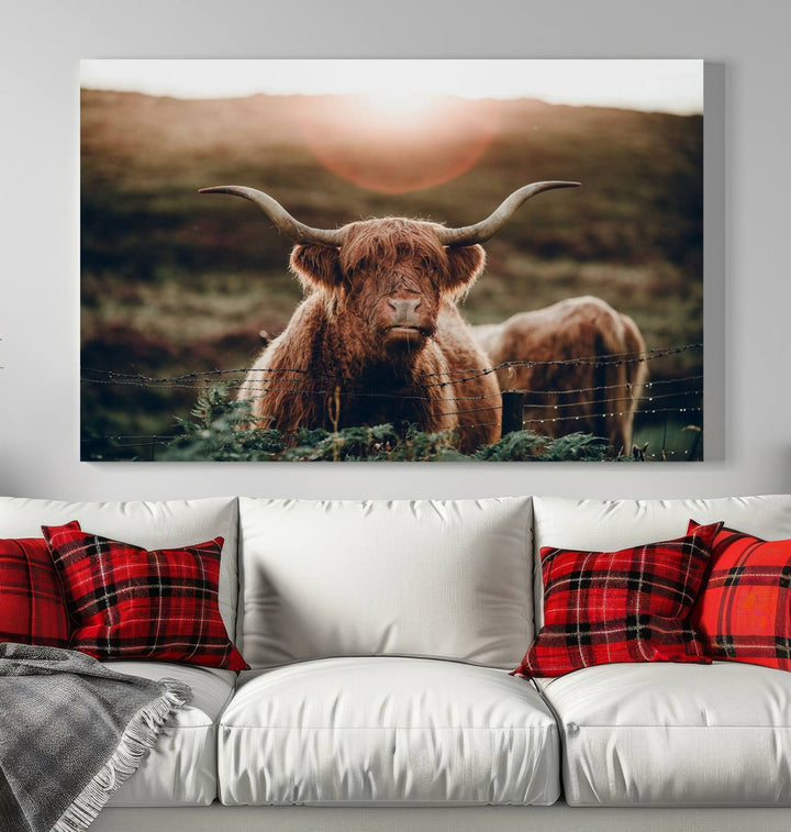 Lienzo de vaca de las tierras altas al amanecer, decoración del hogar, varios paneles, lienzo enmarcado listo para colgar, obras de arte para pared dividida, sala de estar, fotografía artística, decoración de pared