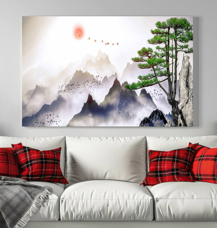 Japanese Tree Mountain Wall Art Canvas Print