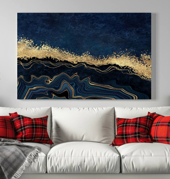 Navy Blue Marble Fluid Effect Large Wall Art Modern Abstract Canvas Wall Art Print