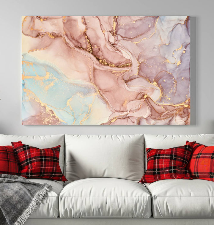 Arte de pared grande con efecto fluido de mármol dorado rosa, lienzo abstracto moderno, impresión artística de pared