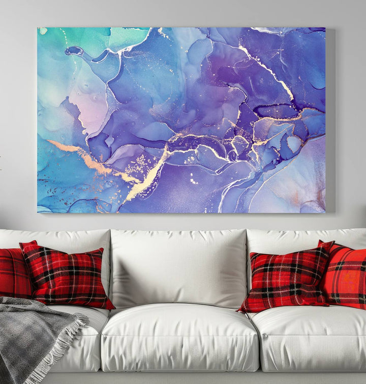 Arte de pared grande con efecto fluido de mármol azul y morado, lienzo abstracto moderno, impresión artística de pared