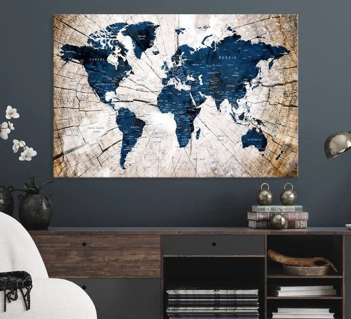 The living room exudes style with the Blue World Map Canvas Wall Art, a rustic-style triptych that's prominently displayed on the wall. This global decor piece adds an elegant touch to the space.