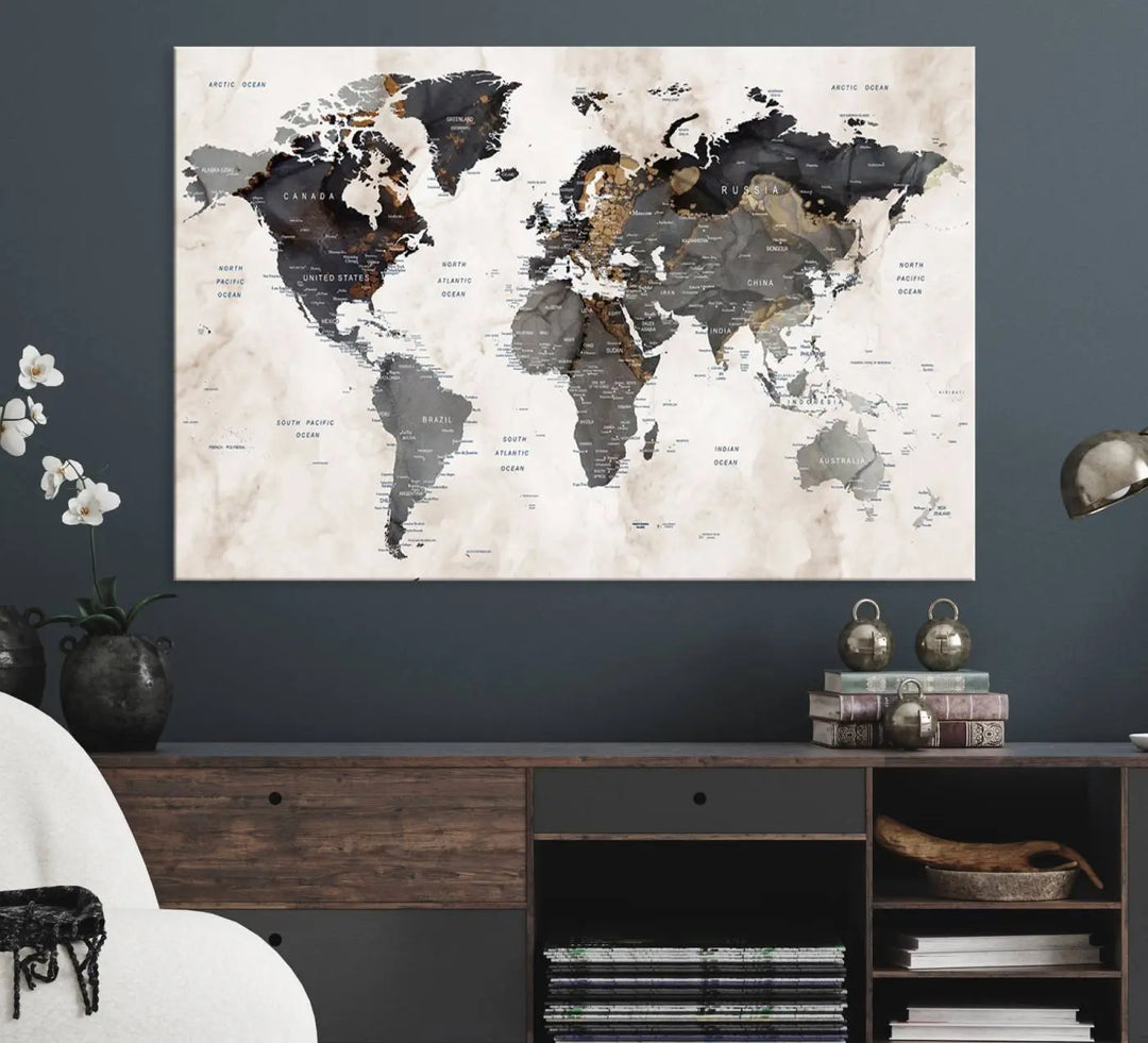 The dining room wall is adorned with the World Map Canvas Print – Earthy Triptych Wall Art, a vintage global map decor featuring dark continents.