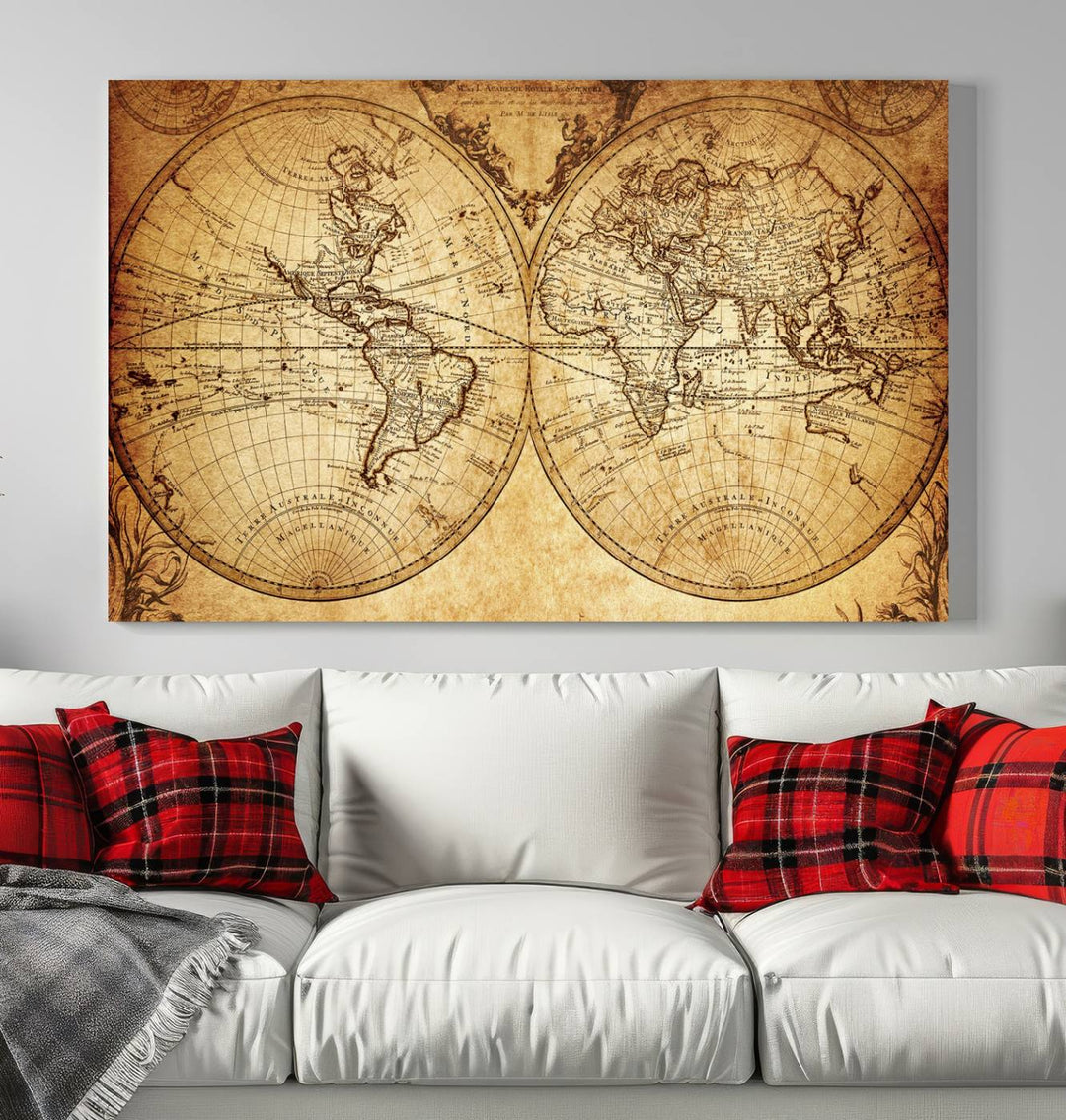 Vintage World Map Wall Art | 3-Panel Canvas Print for Living Room, Office, or Study | Giclee Canvas with Antique Design