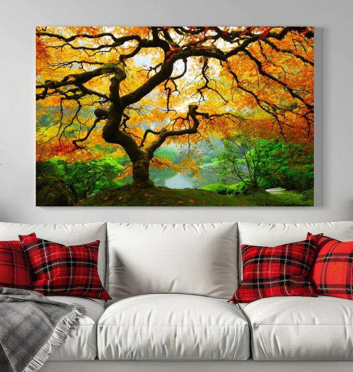 Portland Japanese Maple Tree Canvas Wall Art – Nature Landscape Print – Framed and Ready to Hang for Living Room or Office Decor