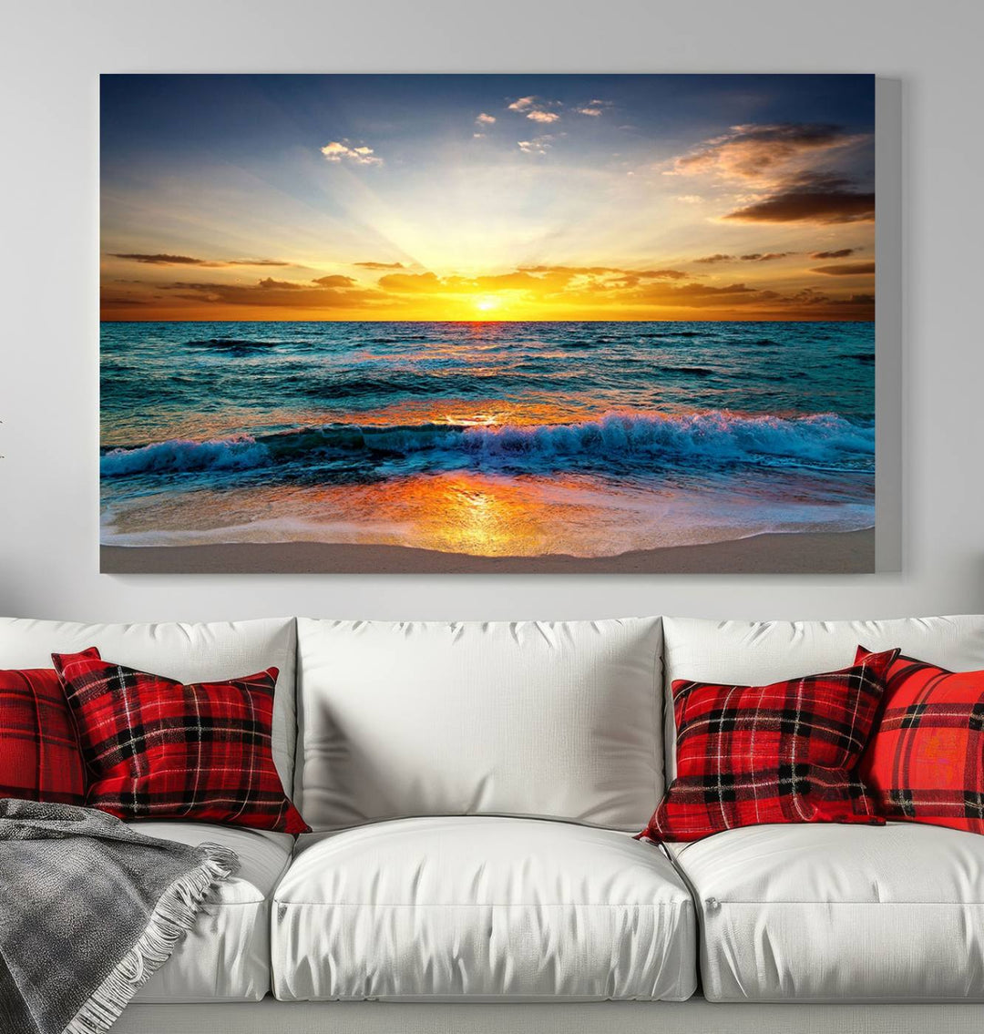 Vibrant Ocean Sunrise Over Golden Beach Waves, Giclee Canvas Wall Art Set, High-Quality Stretched Canvas Print, Ready to Hang Coastal Sunset Wall