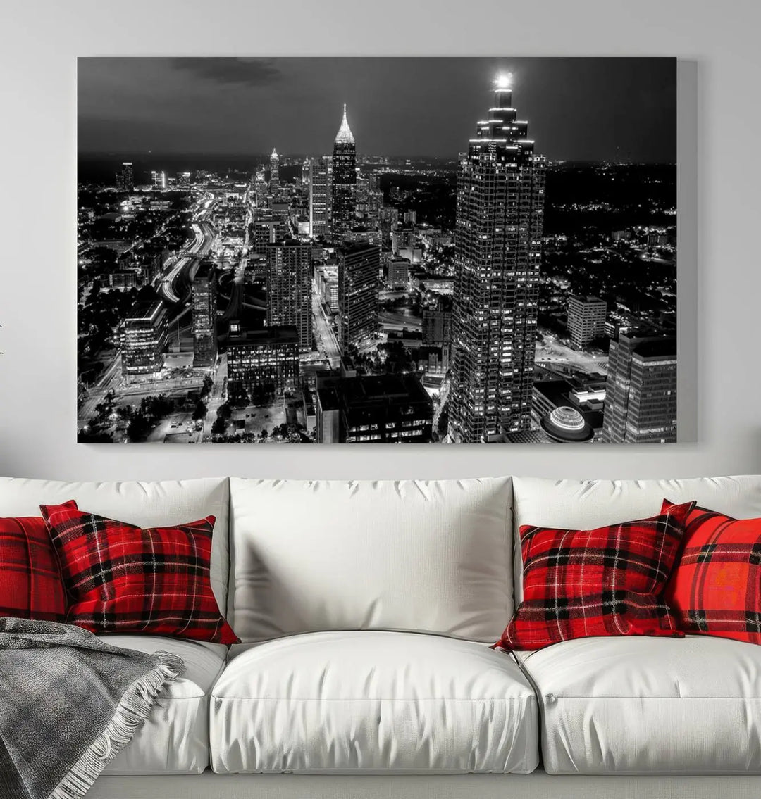 The Atlanta City Lights Skyline Black and White Wall Art Cityscape Canvas Print is elegantly displayed on the wall. These museum-quality canvases arrive ready to hang, making your art display both effortless and sophisticated.